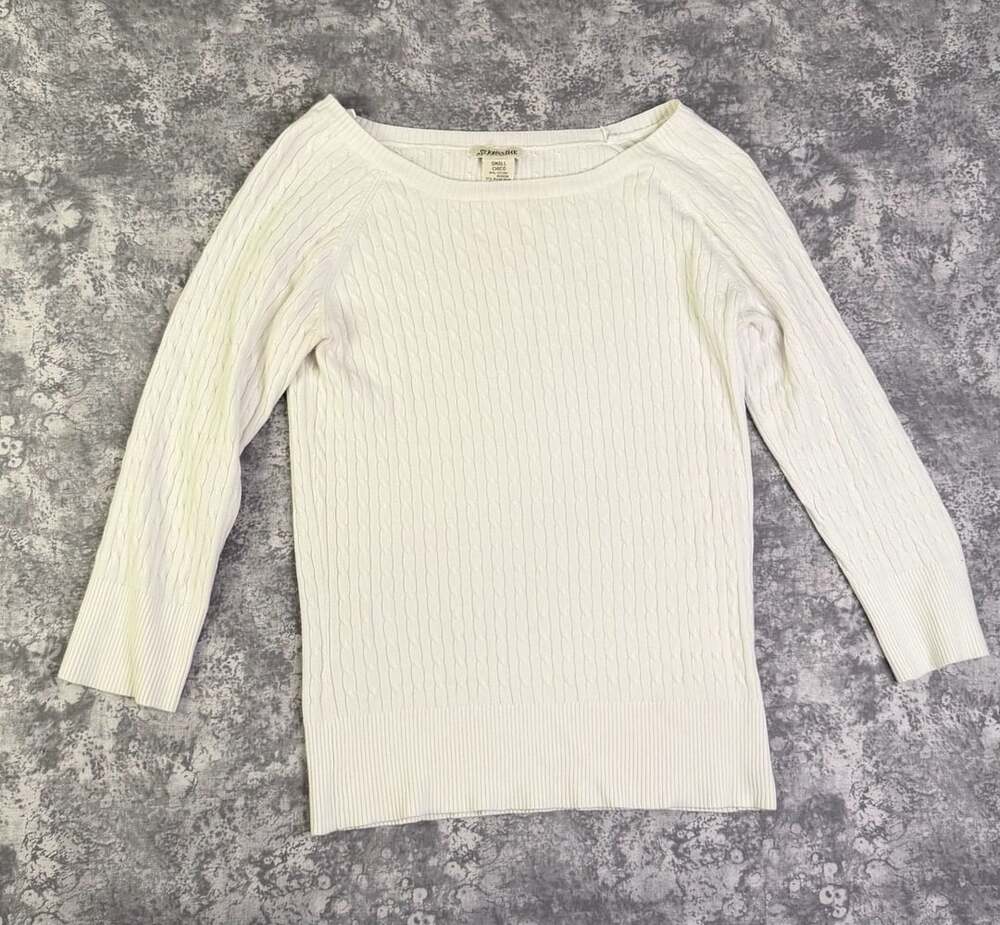 Vintage St John's Bay Sweater Size Small White Cable-Knit Boat Neck